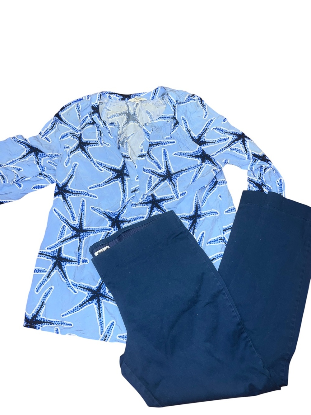 Crown & Ivy Blue Starfish Print Top & Mudpie Navy slack pants